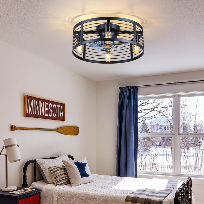 Caged Ceiling Fan with Light Flush Mount, 20 Inch Low Profile Black Fandelier with Remote, Bladeless Ceiling Fans with Lights for Bedroom Kitchen Dining Room (Bulb Not Included)