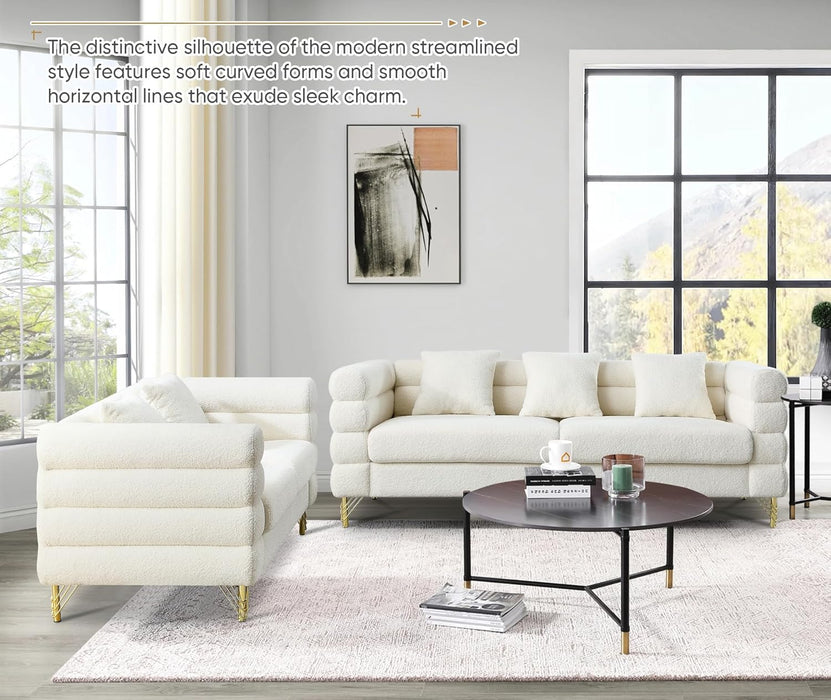 2 Piece Living Room Sofa Set, Comfy Boucle Couch with Loveseat and 3 Seater, Upholstered Sofa Couch with 2 Pillows and Deep Seat Design for Office, Waiting Room, White Teddy