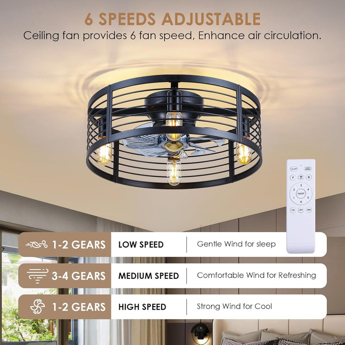 Caged Ceiling Fan with Light Flush Mount, 20 Inch Low Profile Black Fandelier with Remote, Bladeless Ceiling Fans with Lights for Bedroom Kitchen Dining Room (Bulb Not Included)