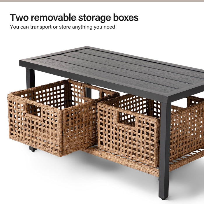 6-Piece Patio Conversation Set, Luxury Oversize Patio Furniture Set with Soft Cushions and Storage Metal Coffee Table, Outdoor Furniture Sets for Backyard, Porch (With 2 Wicker Baskets)
