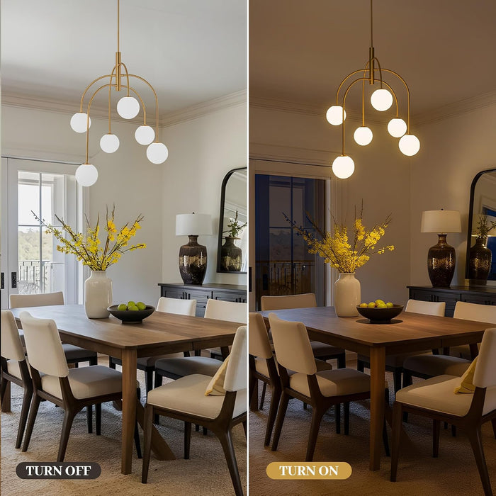 6 Lights Mid Century Modern Chandelier, Milk Glass Globe Chandelier Light Fixture with Gold Metal & White Ball, Large Pendant Lighting Ceiling Hanging for Dining Room Kitchen Island Entryway