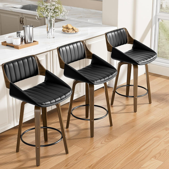 Bar Stools Set of 2, 26" Bentwood Counter Height Barstools, Black | Swivel, Mid Century Modern, Bentwood Back and Footrest, Padded Seat, Upholstered Faux Leather Bar Chair, for Kitchen Island