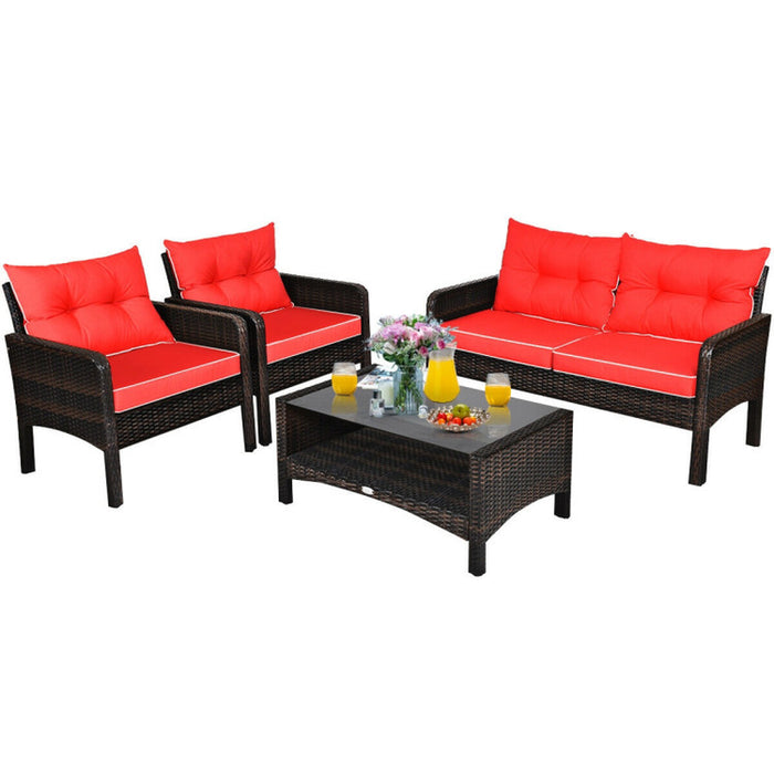 4 Pieces Patio Rattan Sofa Set Free-Combination with Cushion and Coffee Table