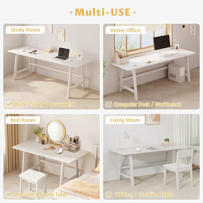 Solid Wood Writing Table - 72" W Minimalist Long Computer Desk, White