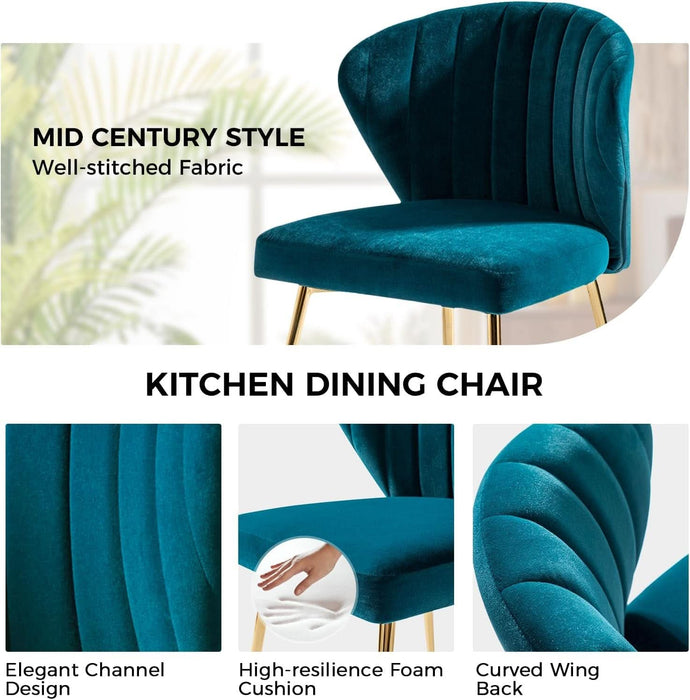 Dining Chairs Set of 2 Velvet Upholstered Kitchen & Dining Room Chairs with Metal Legs Vanity Chair Armless Side Chairs for Living Room Bedroom Restaurant, Channel Curved Backrest, Teal
