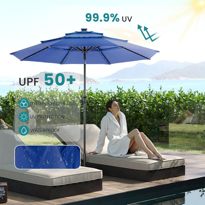 Outdoor Solar Patio Umbrella 3 Tiers with 32 LED Lights, Beach Market Table Umbrella with Crank and 8 Sturdy Ribs for Pool, Terrace, Restaurant