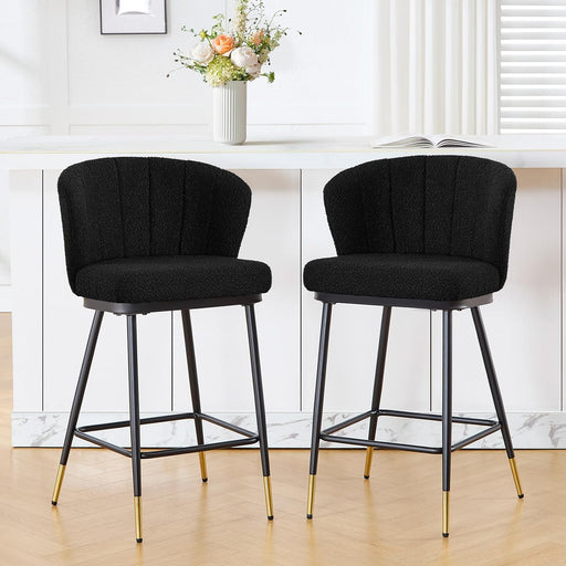Bar Stools Set of 2, 26" Boucle Counter Height Bar Stools with Channel Tufted Back, Modern Barstools with 3" Thick Seat, Comfortable Counter Chairs Island Stools for Kitchen Counter, Black