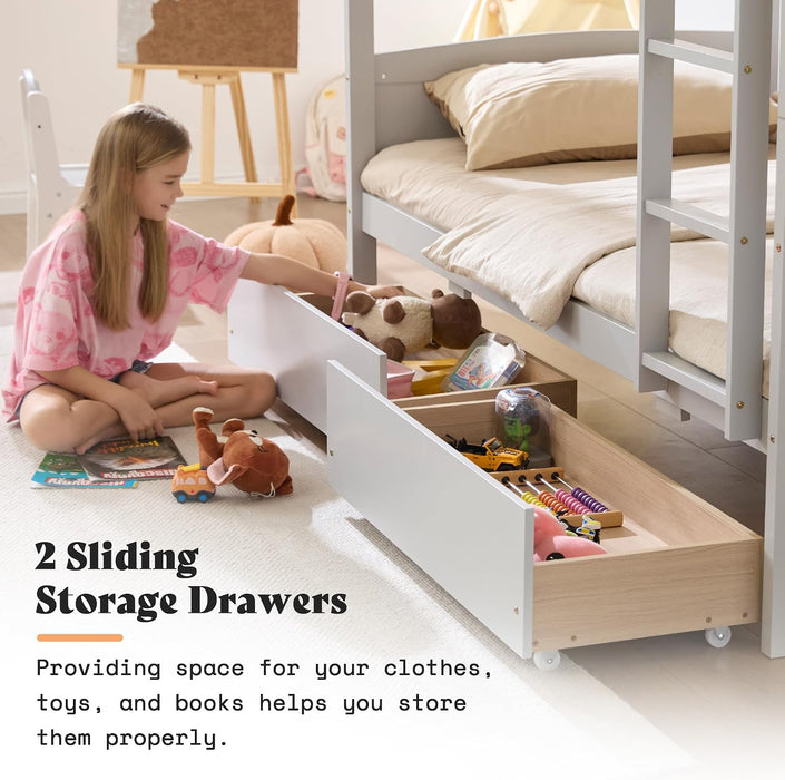 Grey SolidWood Twin Loft Bunk Bed BuiltInStorageDrawers