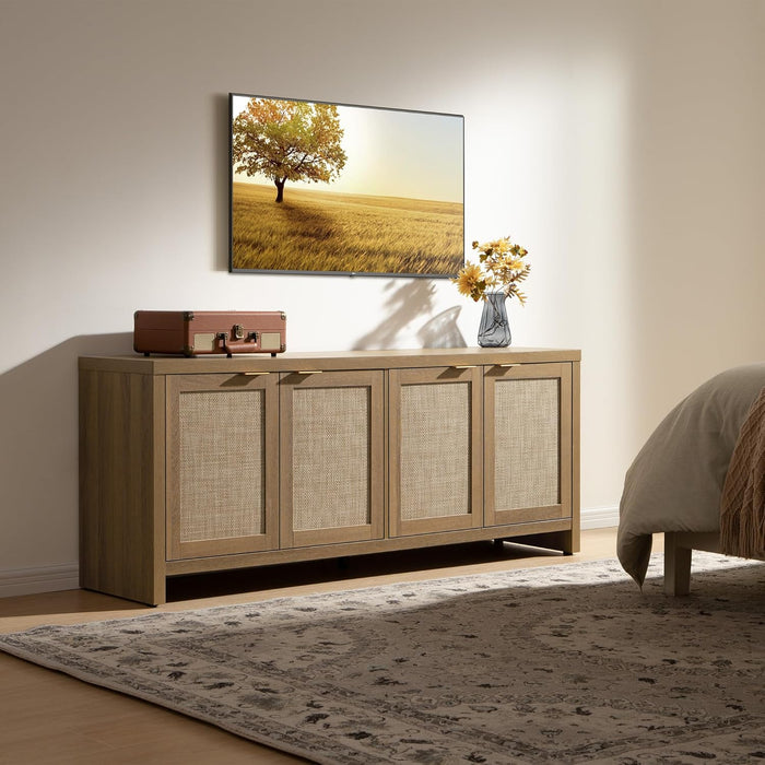 TV Stand for Living Room Boho Entertainment Center for Bedroom with 4 Rattan Cabinets Farmhouse Television Stands with Storage Large Media Console Table for Tvs up to 65 Inch