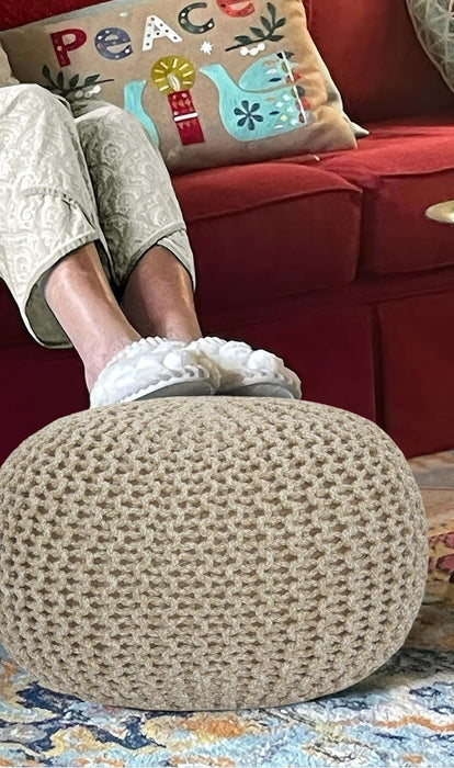 round Pouf - Hand Knitted Tweed Cable Dori Pouf - Cotton Braid Cord Foot Stool Footrest Ottoman Accent Seat Furniture Bean Bag - Family Room Kids Nursery Dorm - 20X14 - Natural