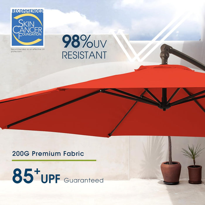 10Ft Patio Umbrella with Base Included, Outdoor Offset Cantilever Umbrella, Infinite Tilt, Crank and Cross Base, Orange Red