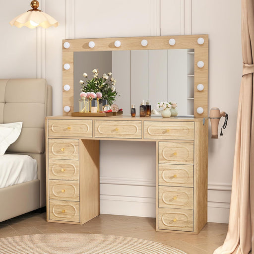 Fluted Vanity Desk with Mirror and Lights, Power Outlets, Modern Wood Vanity Desk Makeup Table with 11 Drawers, 3 Color Modes Dressing Table with Storage for Bedroom, Living Room, Natural