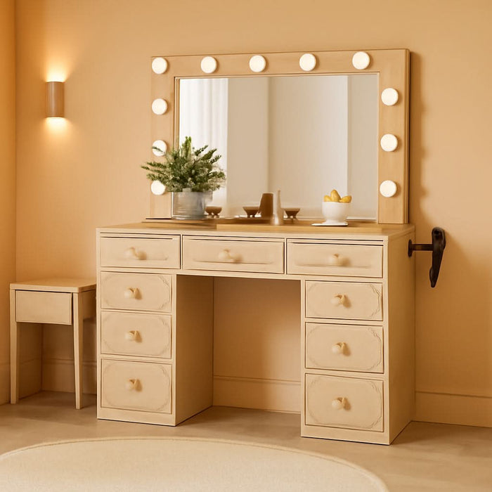 Fluted Vanity Desk with Mirror and Lights, Power Outlets, Modern Wood Vanity Desk Makeup Table with 11 Drawers, 3 Color Modes Dressing Table with Storage for Bedroom, Living Room, Natural
