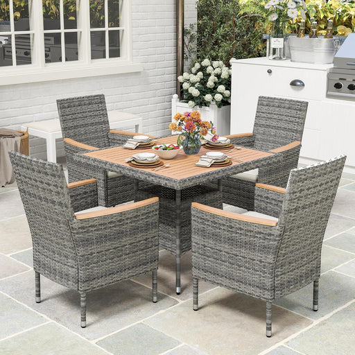 Patio Dining Sets for 4, All Weather Rattan Outdoor Table and Chairs with Acacia Wood Tabletop, Patio Dining Furniture with Removable Cushions for Deck Garden, Backyard, Gray