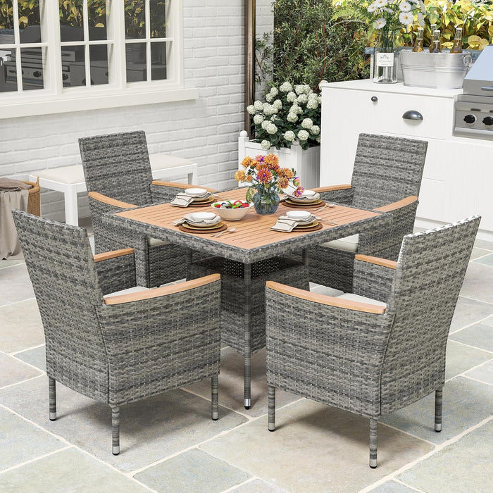 Patio Dining Sets for 4, All Weather Rattan Outdoor Table and Chairs with Acacia Wood Tabletop, Patio Dining Furniture with Removable Cushions for Deck Garden, Backyard, Gray