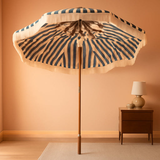 Fringe Patio Umbrella with Solar Powered String Lights, Boho Patio Umbrella for Outdoor, Garden, Deck, Pool, Push Button Tilt Pole
