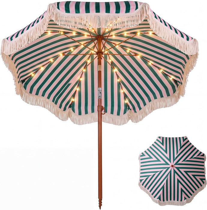 Fringe Patio Umbrella with Solar Powered String Lights, Boho Patio Umbrella for Outdoor, Garden, Deck, Pool, Push Button Tilt Pole