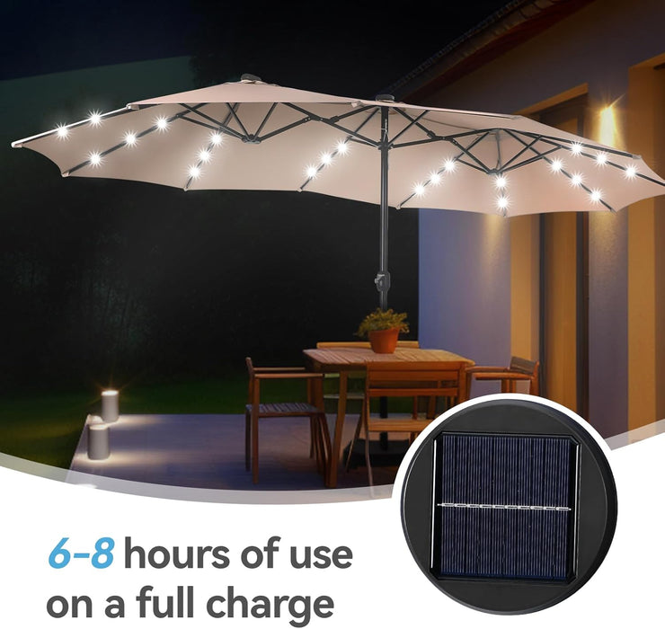 15 Ft Large Outdoor Patio Umbrella with Solar Led Lights & Base Included, Double-Sided Rectangular Table Umbrella with Stand, Market Umbrellas for Deck Poolside Garden Backyard, Beige