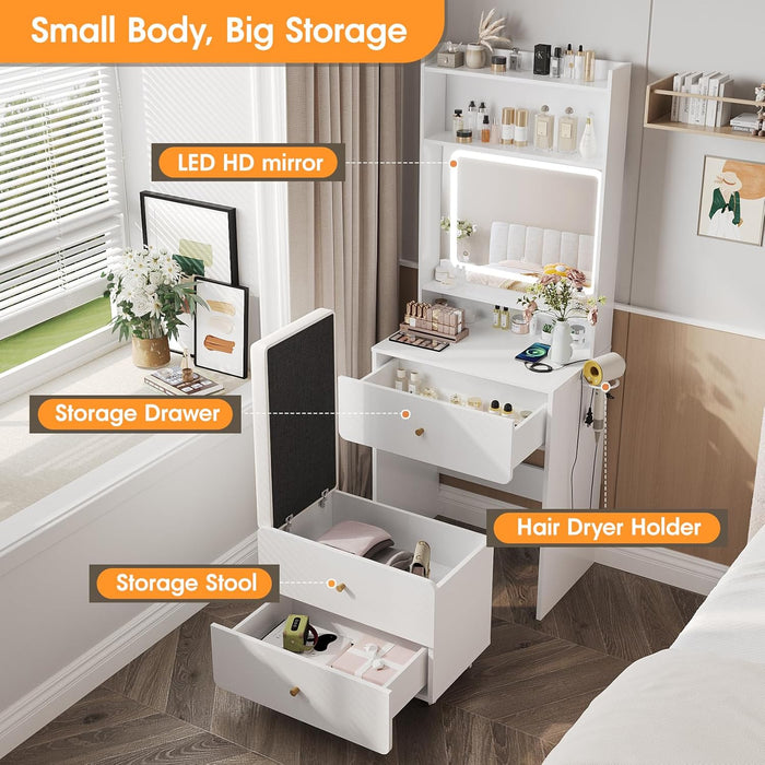 Make up Vanity Desk with Mirror and Lights, White Vanity Table Set with Charger Station,Girls Small Vanity and Storage Chair