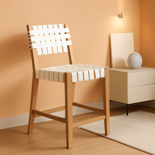 Cohen Mid Century Modern Bar Stool, Upholstered Faux Leather Counter Stool with Back and Solid Wood Legs, off White