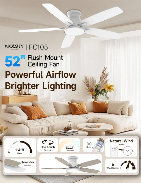 Flush Mount Ceiling Fan with Light, 52 Inch, Remote Control, 3CCT Dimmable LED, 6-Speed Silent Reversible DC Motor, Low Profile Hugger Ceiling Fan for Indoor/Outdoor 90-264V 50/60Hz Fresh White