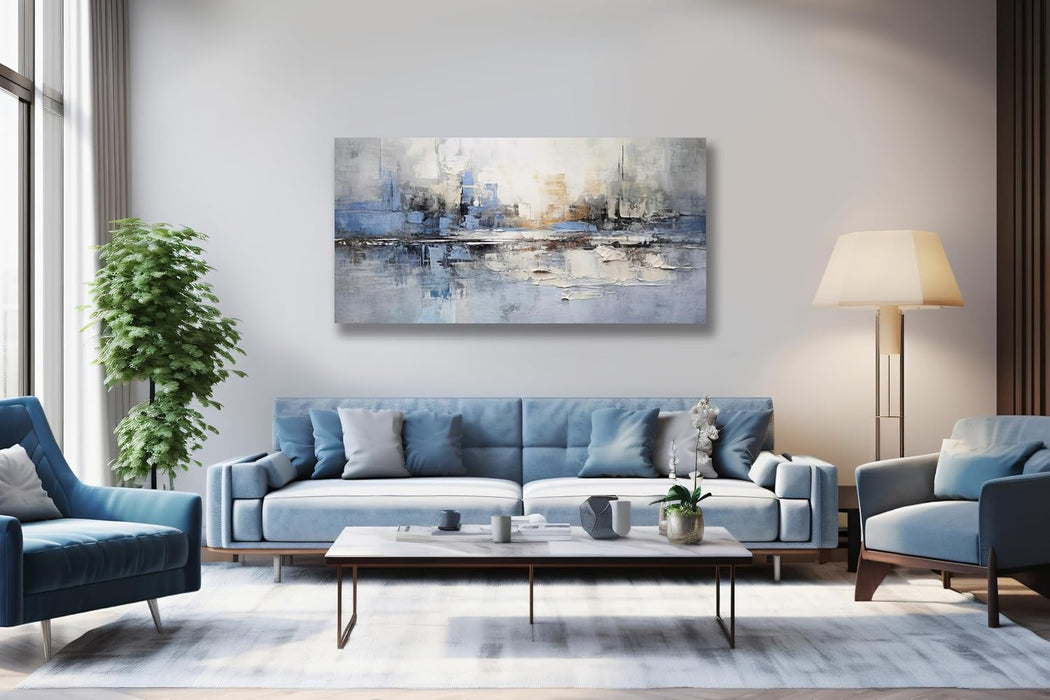 Abstract Wall Art Wall Decor Blue and Gray White Modern Canvas Wall Paintings Abstract Artwork for Living Room Bedroom Bathroom Office Home Decor Can Be Hung Directly 29"X 58"