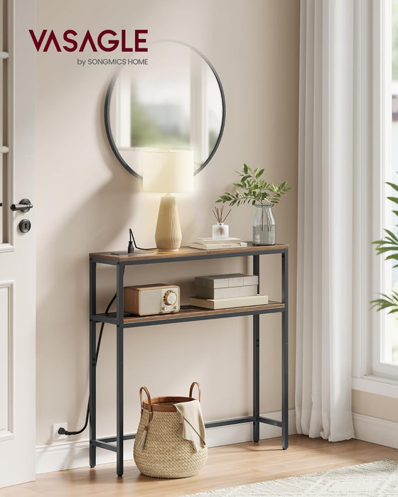 Console Table with Power Outlet, 2-Tier Narrow Sofa Table with 2 Shelves, 7.9 X 31.5 X 31.5 Inches, for Living Room, Hallway, Entryway, Rustic Brown and Ink Black ULNT135K01