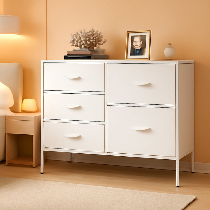 Dresser for Bedroom with 5 Drawers, Wide Bedroom Dresser with Drawer Organizers, Chest of Drawers, Fabric Dresser for Living Room, Closet, Hallway, White