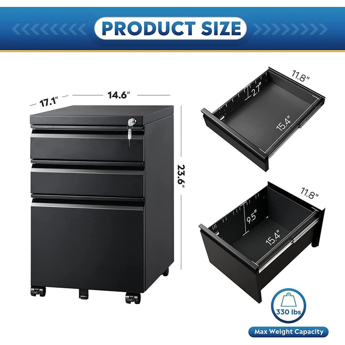 Black Mobile Filing Cabinet with Lock & Drawers