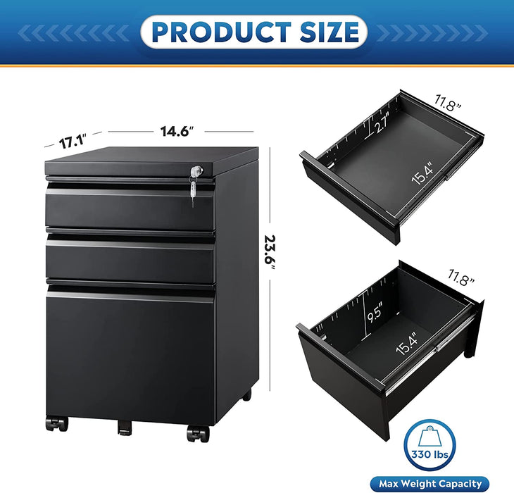 Black Mobile Filing Cabinet with Lock & Drawers