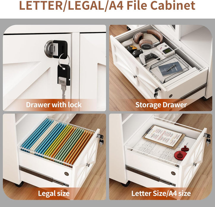 White FarmhouseStyle Locking File Cabinet Legal A4