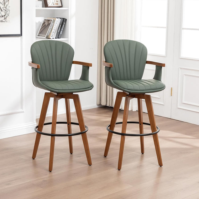 26” Counter Height Stools Set of 2,Mid Century Modern Bar Stools,Green PU Leather Kitchen Island Stool,Wood High Barstools Swivel with Back and Arms for Home Bar Furniture