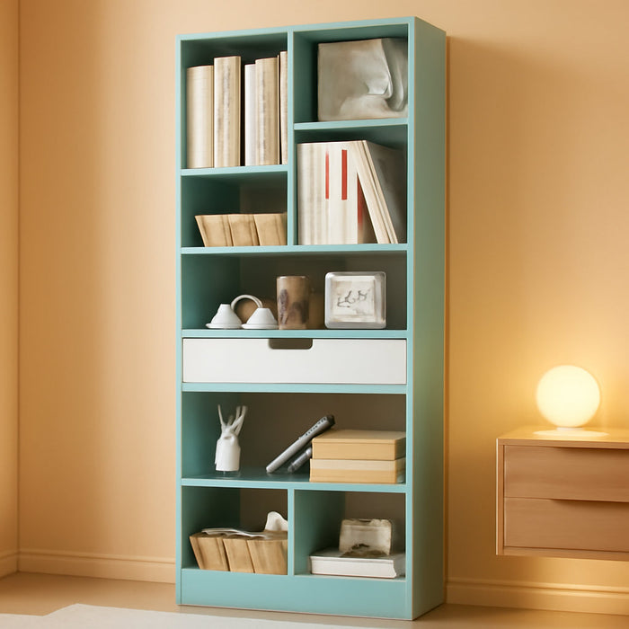 Wooden Open Shelf Bookcase - 71 Inches Tall Freestanding Display Storage Cabinet Organizer with 10 Cubes and a Drawer, Floor Standing Bookshelf in Tiffany-Green