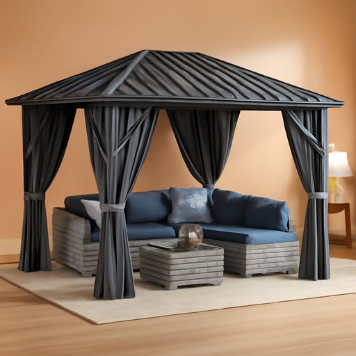 10X12FT Single Hardtop Metal Gazebo Top Outdoor Patio Canopy Galvanized Iron Aluminum Column Garden Tent Curtains Netting for Backyards Decks Lawns,Gray