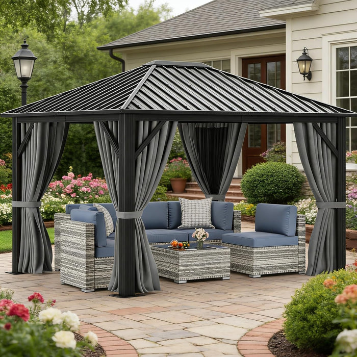 10X12FT Single Hardtop Metal Gazebo Top Outdoor Patio Canopy Galvanized Iron Aluminum Column Garden Tent Curtains Netting for Backyards Decks Lawns,Gray