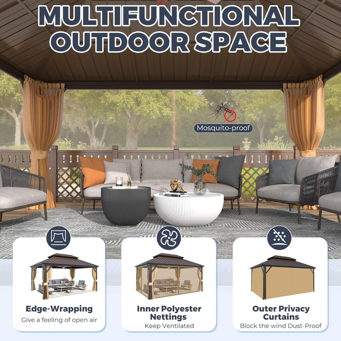 12X16FT Hardtop Gazebo, Outdoor Pergolas with Mosquito Netting and Curtains, Double Galvanized Steel Roof Permanent Aluminum Gazebo W/Sturdy Hooks for Patio, Deck, Backyard, Lawn, and Garden
