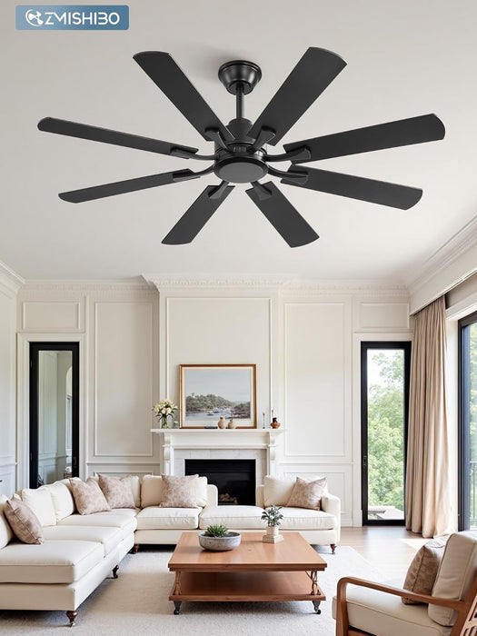 52 Inch Ceiling Fan No Light, 8 Blades Black Ceiling Fans without Lights, Quiet Rerverible DC Motor, 6Speeds, for Bedroom, Living Room, Home Office and Patio