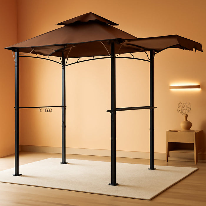 11 X 5 Grill Gazebo with Extra Side Awning Outdoor BBQ Gazebo with 2 LED Lights for Patio Party Backyard Picnic(Brown)