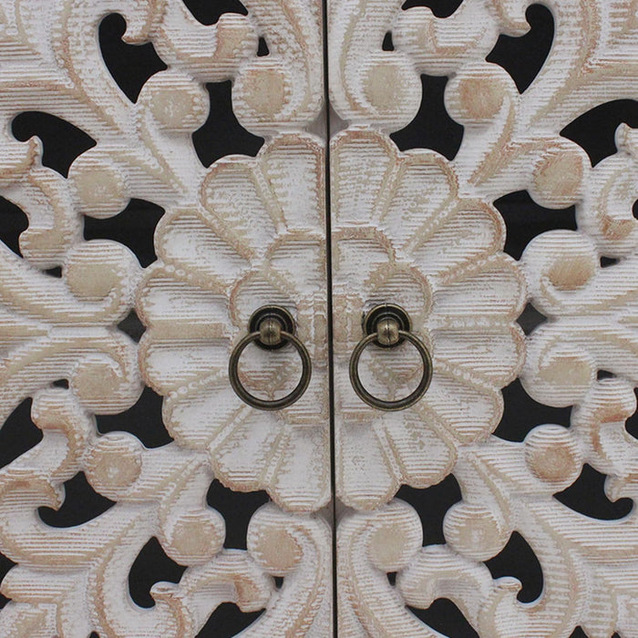 Handcrafted Oak Wood Cabinet With Floral Embellishments