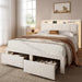 Queen Storage Bed Frame, Upholstered Platform Bed with 2 Drawers, Velvet Vertical Tufted Headboard with LED Lights & Charging Station, Wooden Slats Support, No Box Spring Needed, White