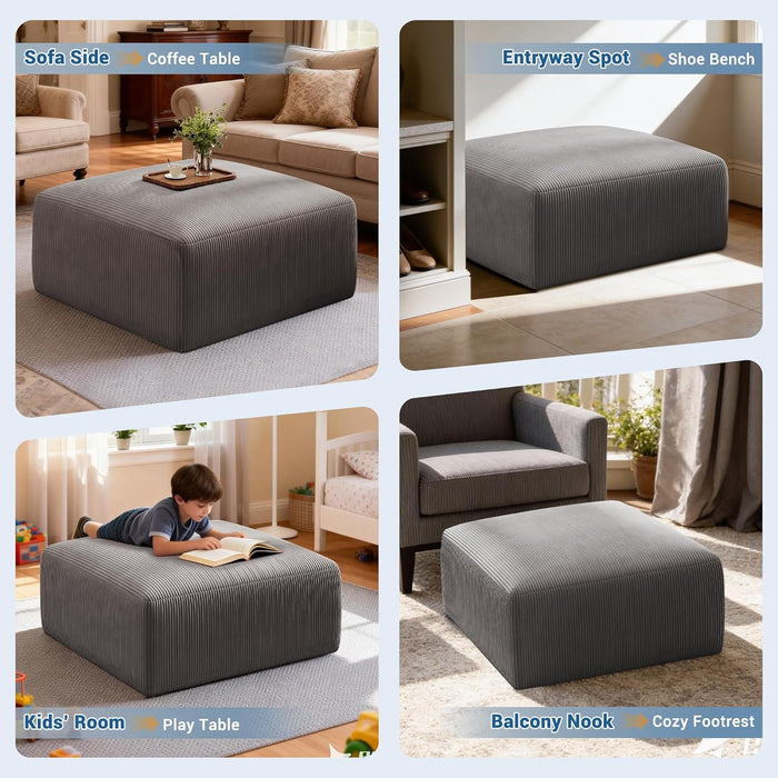 40" Square Stuffed Ottoman Pouf for Sofa Couch, Corduroy Poufs with Foam Chunk Filling, Furry & Fluffy Pouf Foot Stool Movable Ottoman. 40*40 Floor Poufs Foot Rest for Living Room, Grey(1 Piece Set)