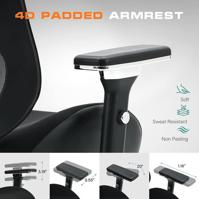 750Lbs Big and Tall Office Chair with Wide Thick Seat Cushion for Heavy People Ergonomic Computer Mesh Desk Chairs with 4D Armrests, Adjustable Lumbar Support for Adults 8 Hours Daliy Work