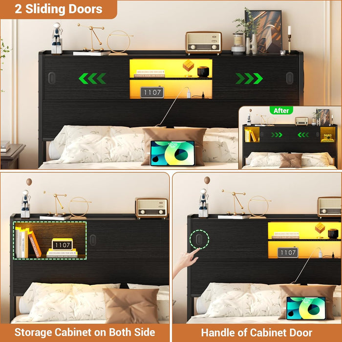 Headboard for Queen Size Bed with Storage, Sturdy Bookcase Headboards with Outlet, USB & LED Light, Queen Size Headboard Only, Head Board with Sliding Doors & Bed Adapter for Bedroom, Black