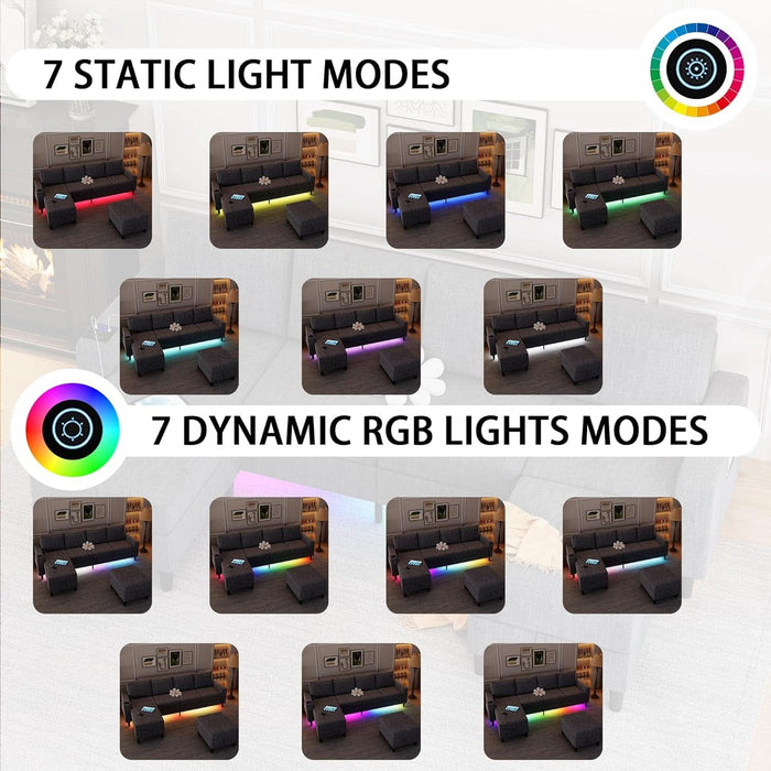 Sectional Couches for Living Room, 4 Seat Linen Sectional Sofa with Reversible Chaise Lounge/Storage Ottoman, U Shaped Couch with Smart Module-Wireless Charging/Usb/Type-C/Rgb Light (Blue)