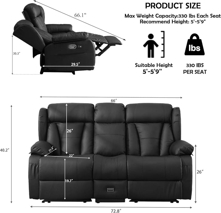 72.8" Loveseat Recliner Sofa, Manual Reclining Couch with Console, AC Outlet & USB-A/USB-C Ports, Wall Hugger RV Sofa for Living Room & Home Theater with Cup Holders (Black Console with LED)