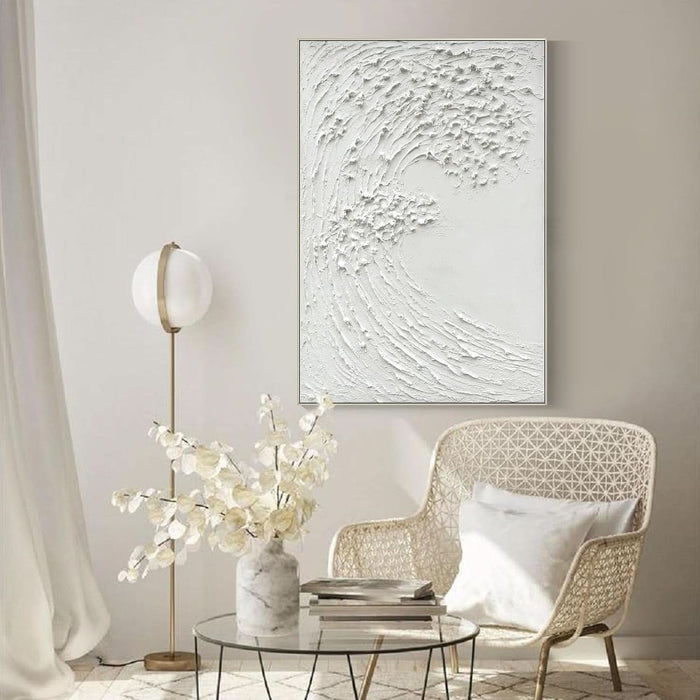 White Textured Wall Art - Hand Painted Ocean Waves Oil Painting Framed Large Minimalist Canvas Artwork for Living Room 45X30 Vertical Wall Decor