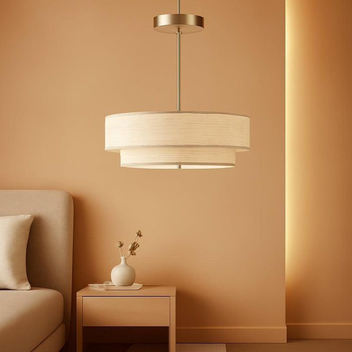 Modern Chandeliers, 18" Drum Chandeliers with 2-Layer Fabric Shade, 4-Light Pendant Light Fixture with E26 Base, Light Fixture for Dining Room Bedroom Living Room, Linen Shade & Nickel Finish