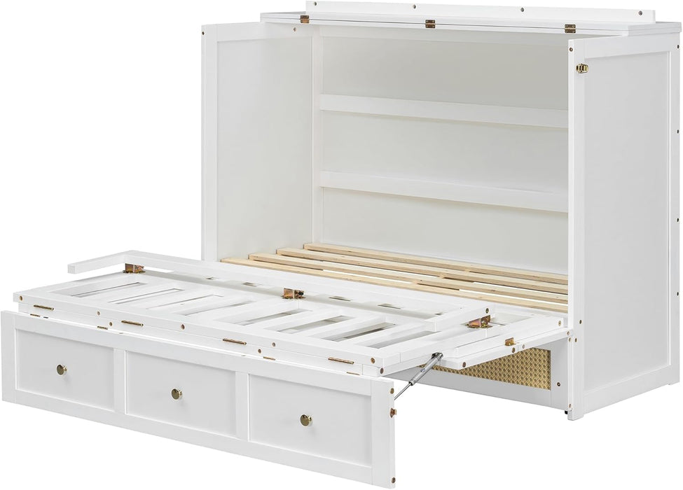 Full Murphy Bed with Storage Drawer, Cabinet Bed, Farmhouse Murphy Cabinet with Foldable Panel, Noisy Free, for Guest Bedroom, Living Room, White with Rattan