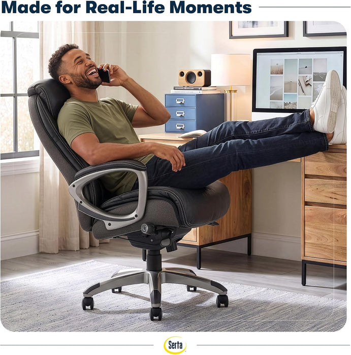 Lautner Executive Home Office Desk Chair, Ergonomic High-Back with Adjustable Lumbar & Body Pillows, Smartlayers and Comfortcoils Technology, Mesh and Bonded Leather, Black/ Gray