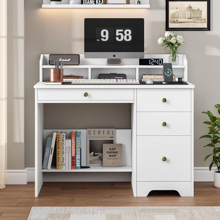 Computer Desk with Drawers and Hutch Shelf, Wood Executive Desk Writing Study Table with 43” Wide Tabletop, Small Desk with File Drawer for Home Office Bedroom, White